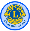 Lions District 4-A1 wording in blue circle with Lions International's logo in center